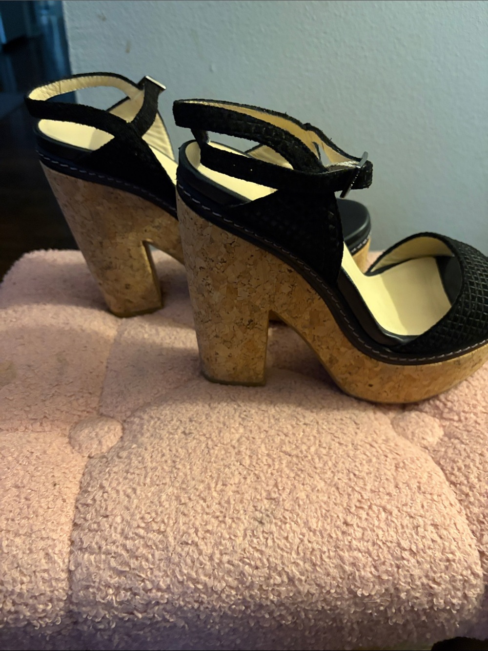 Jimmy Choo Womens Black Cork Platform Sandals with Ankle Strap